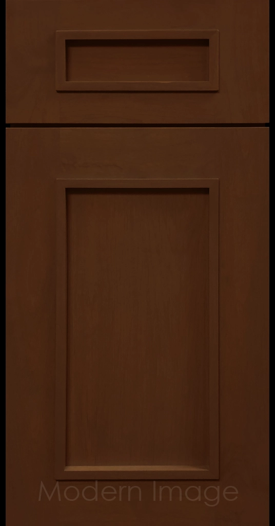 Pecan-stained Gilbert cabinet a recessed flat panel and elevated molding.